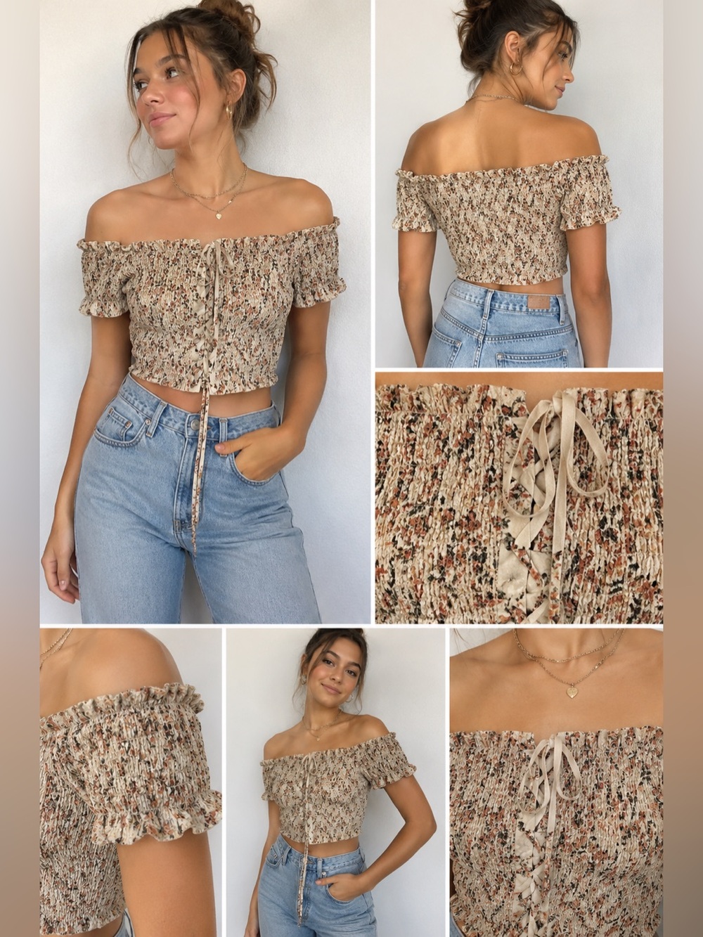 Ijoah Floral Smocked Off Shoulder Lace Up Crop Top Beige L Y2K